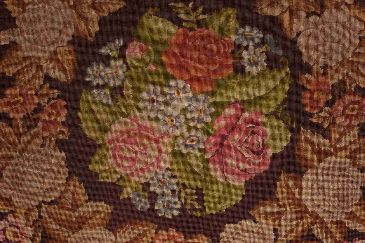 Antique Needlepoint Tablecloth with Rose Flower Pattern and Fringe (46")