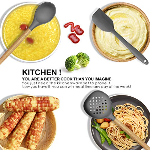 14 Pcs Silicone Cooking Utensils Set with Wooden Handles - Heat Resistant & BPA Free