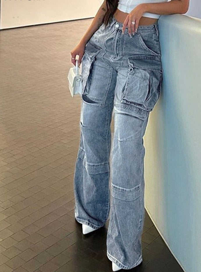 Womens High Waist Baggy Denim Loose Cargo Jeans