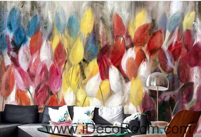 Abstract Yellow Red Pink Tulips Flower Wallpaper Wall Decals for Home Decor