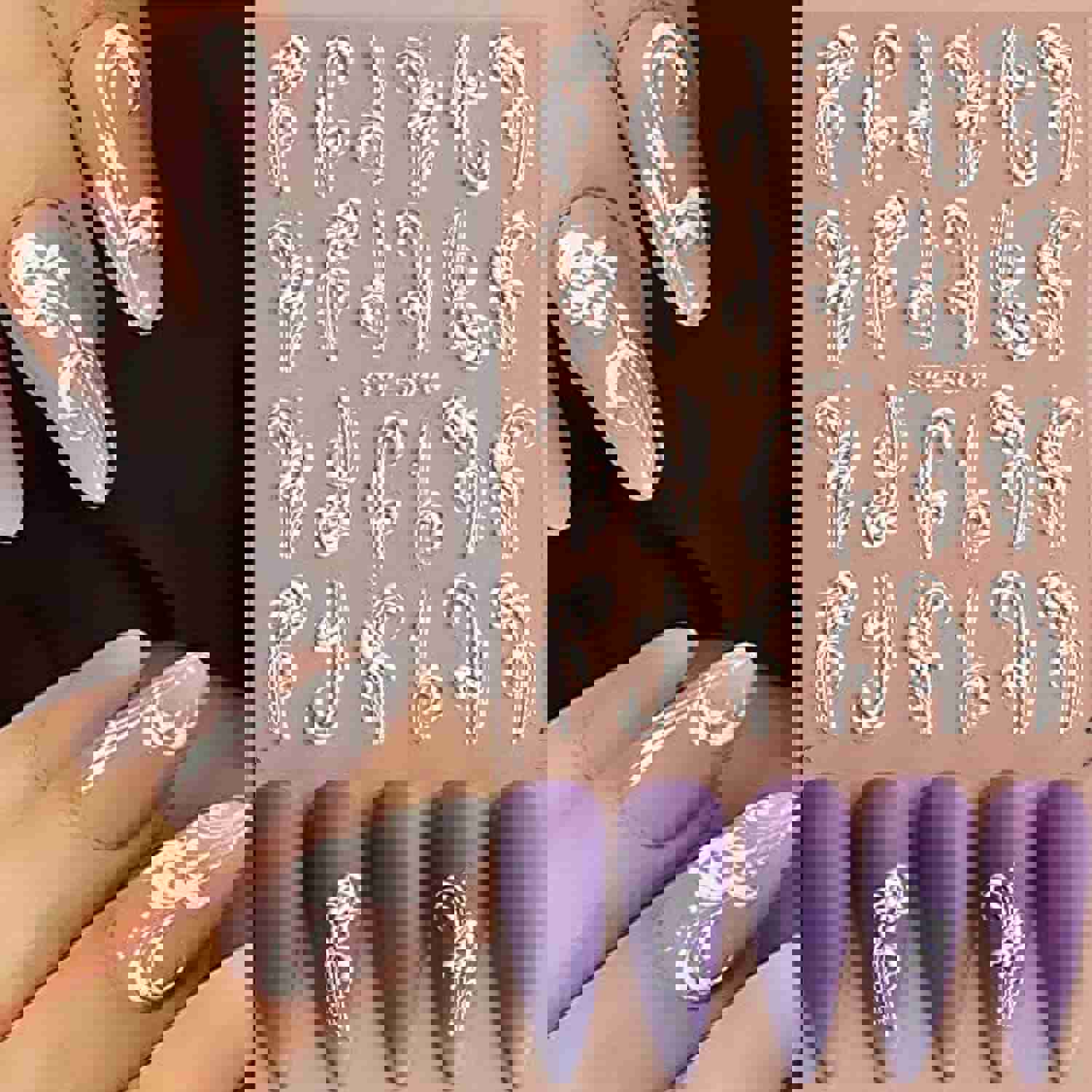 4 Sheets 5D Flower Nail Art Stickers - Self-Adhesive White Lace Floral Nail Decals for DIY Manicure