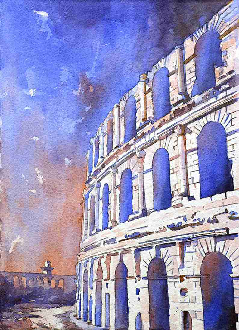 Roman Coliseum in El-Djem, Tunisia - Original Watercolor Painting for Home Decor