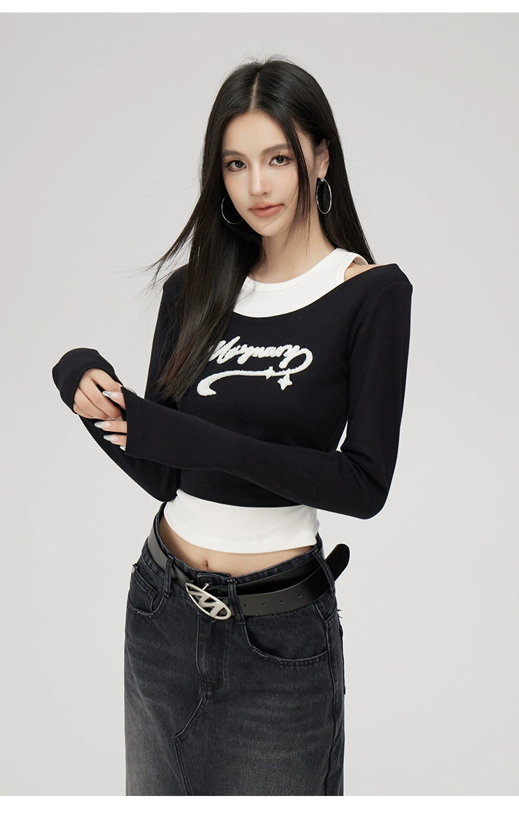 Black 2-in-1 Embroidered Patchwork Blouse