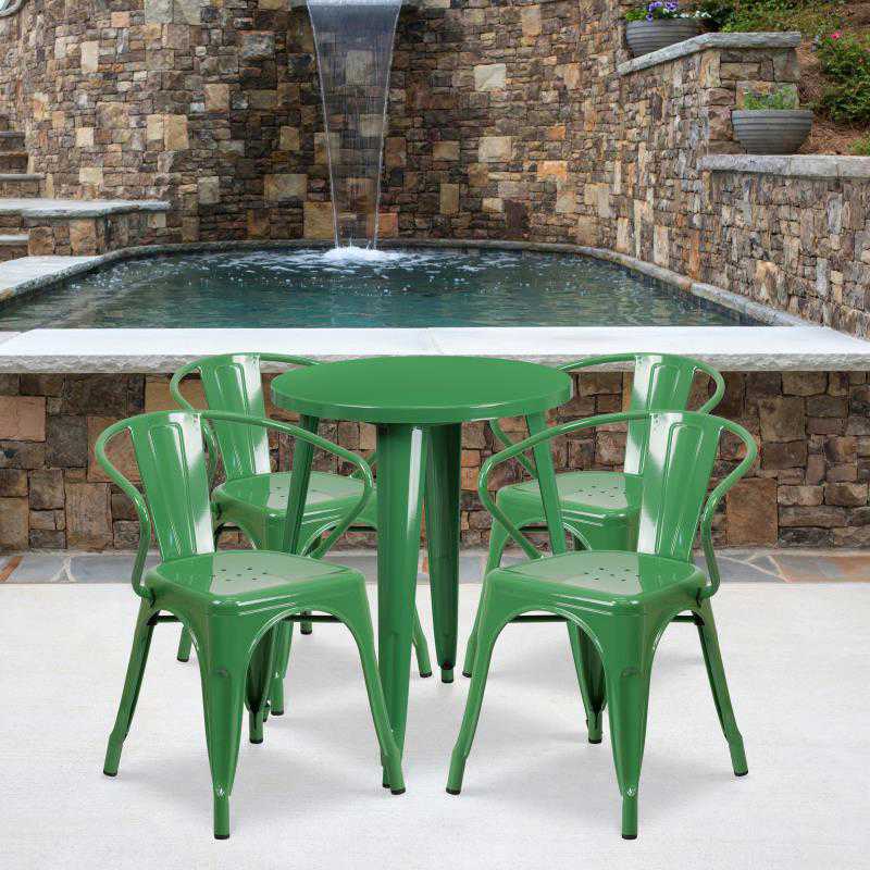 CH-51080TH-4-18ARM Flash Furniture Chauncey Commercial Grade 24 Round Green Metal Indoor-Outdoor Table Set with 4 Arm Chairs