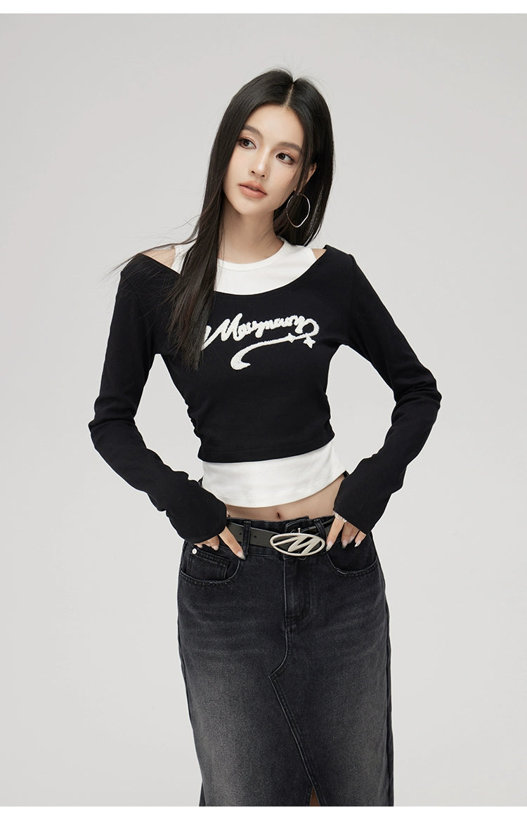 Black 2-in-1 Embroidered Patchwork Blouse