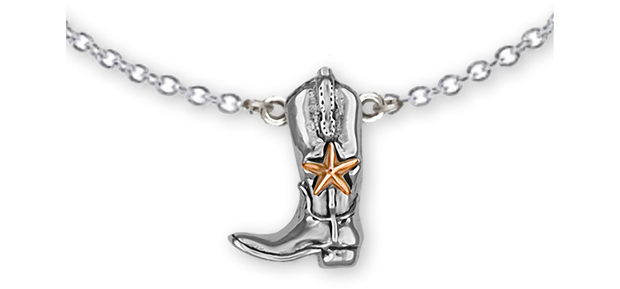 Handmade Sterling Silver Western Texas Boot Necklace with 14k Gold Star