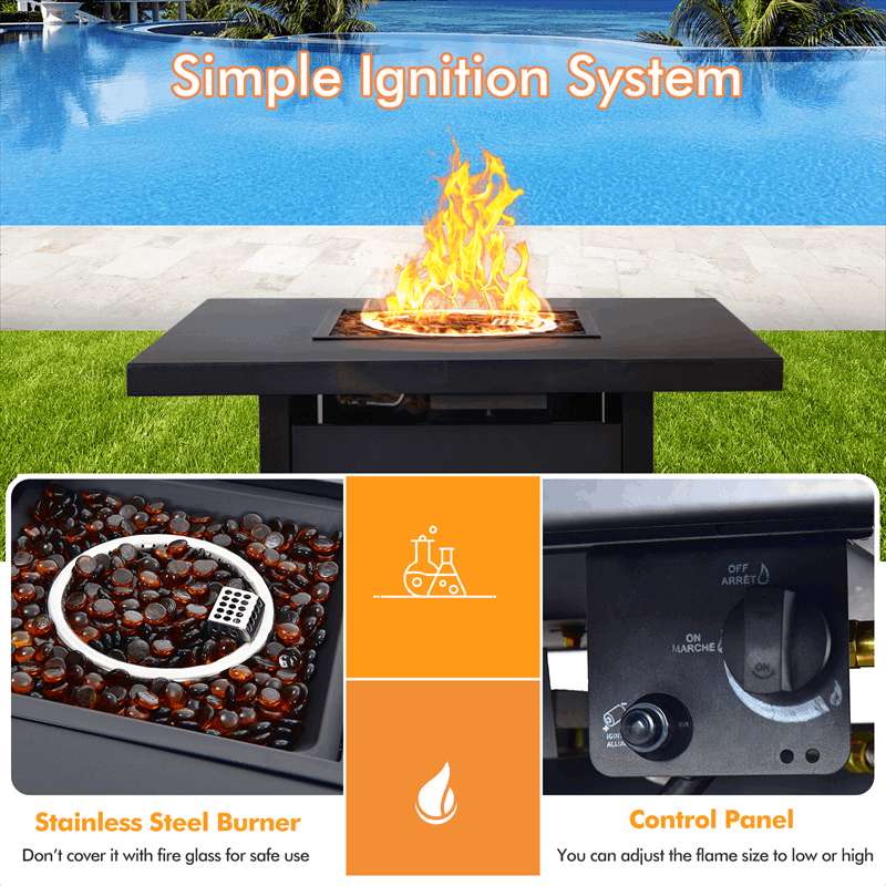 32 Propane Fire Pit Table 40000 BTU Square Gas Firepit Table with Lid and Fire Glass