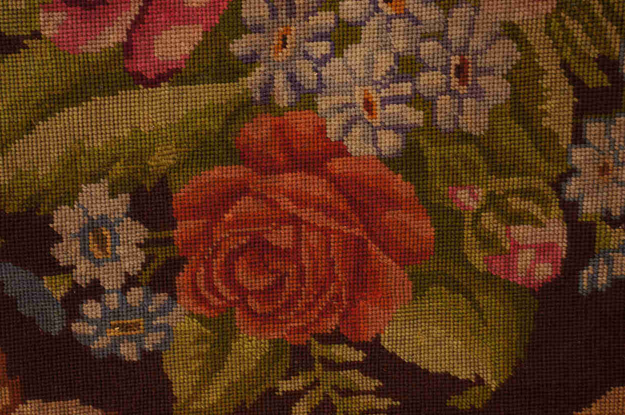 Antique Needlepoint Tablecloth with Rose Flower Pattern and Fringe (46")