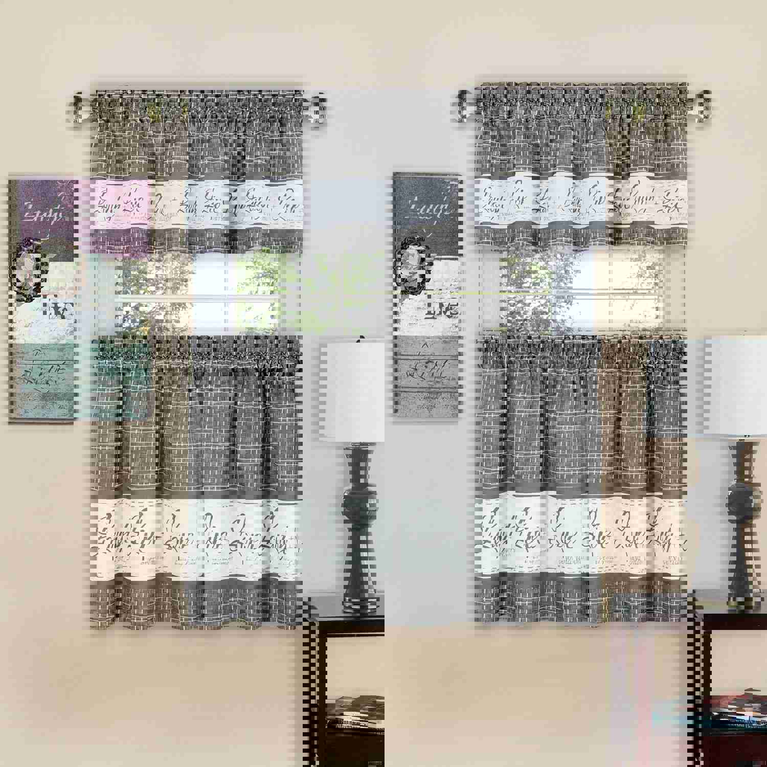 Live Laugh Love 3-Piece Kitchen Curtain Set, Gray, Tiers 58x36, Swag 58x14 Inches