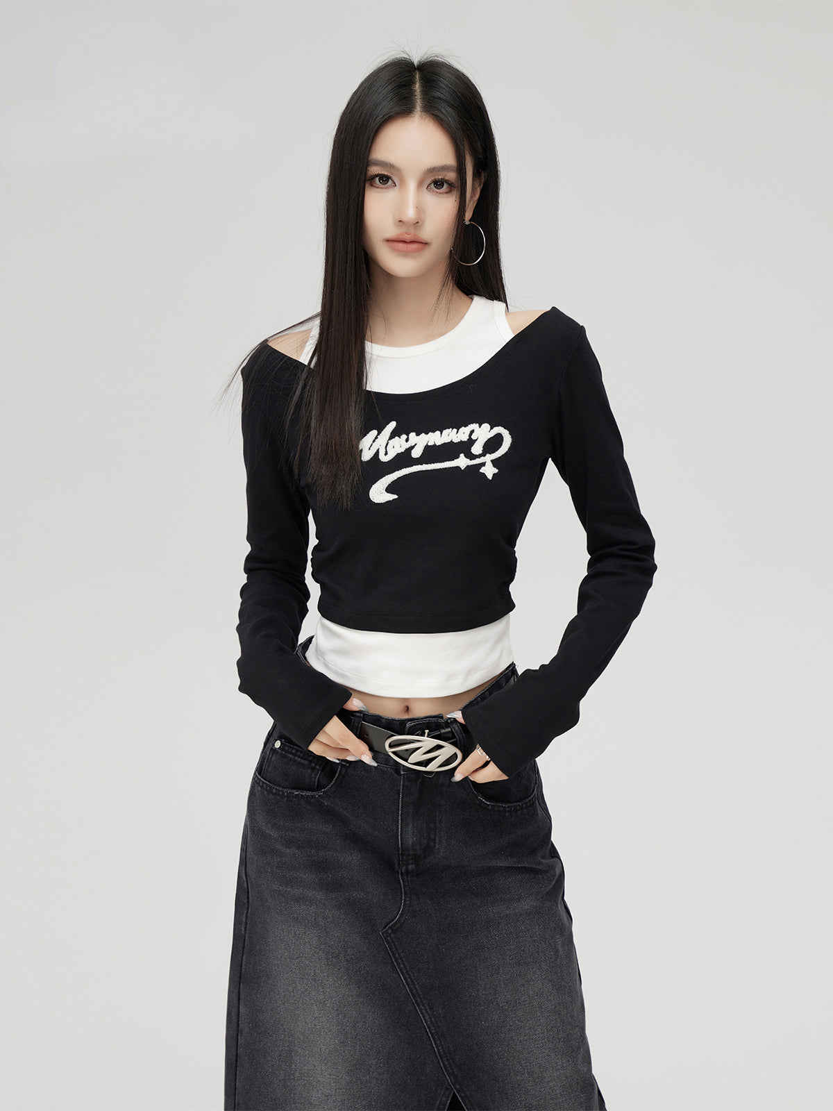 Black 2-in-1 Embroidered Patchwork Blouse