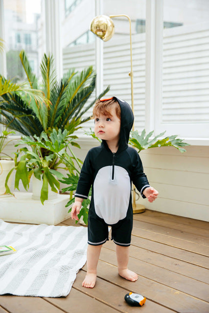 Baby Penguin Black Hoodie Baby 3/4 Sleeve Swimsuit
