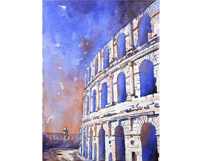 Roman Coliseum in El-Djem, Tunisia - Original Watercolor Painting for Home Decor