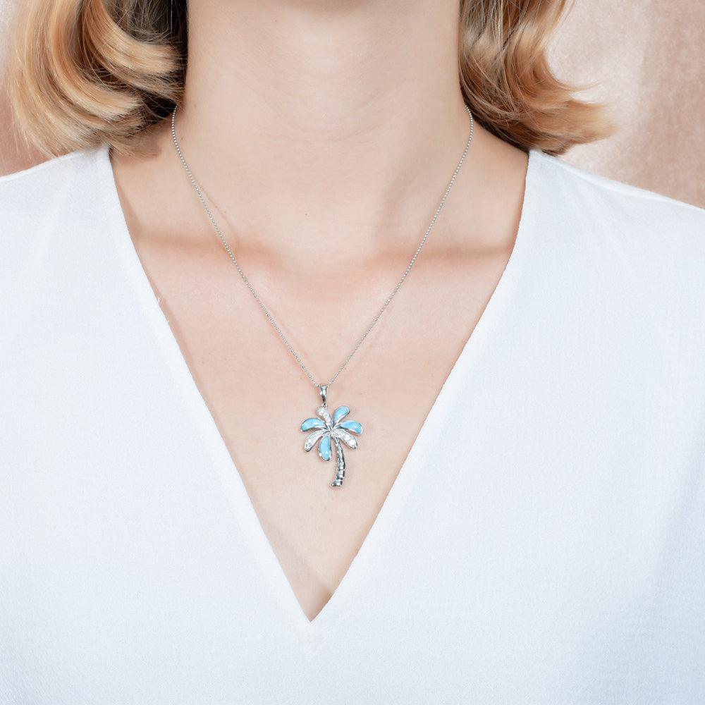 Larimar Island Palm Tree Pendant - 925 Sterling Silver with Larimar & Topaz