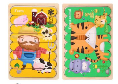 Double Sided Strip 3D Wooden Puzzles - Montessori Educational Toys for Babies and Kids