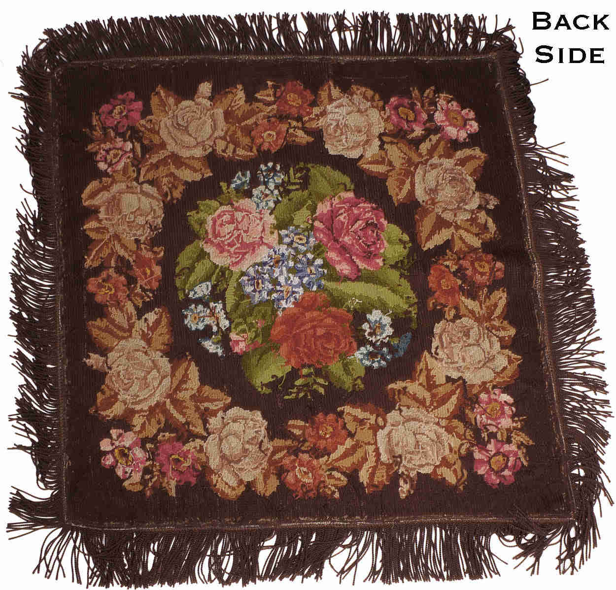 Antique Needlepoint Tablecloth with Rose Flower Pattern and Fringe (46")