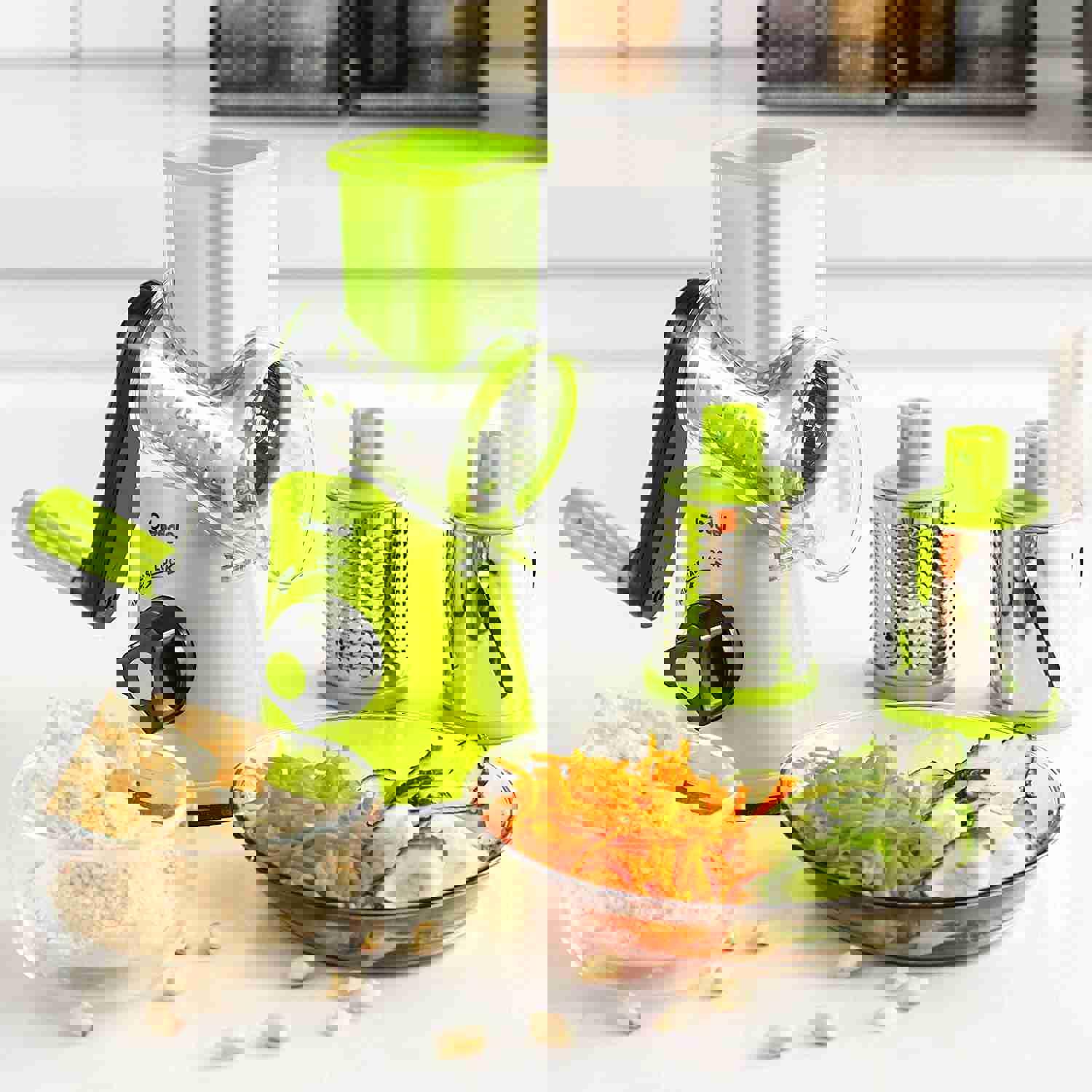 Rotary Cheese Grater with 3 Interchangeable Blades - Kitchen Mandoline Slicer for Fruits, Vegetables, and Nuts