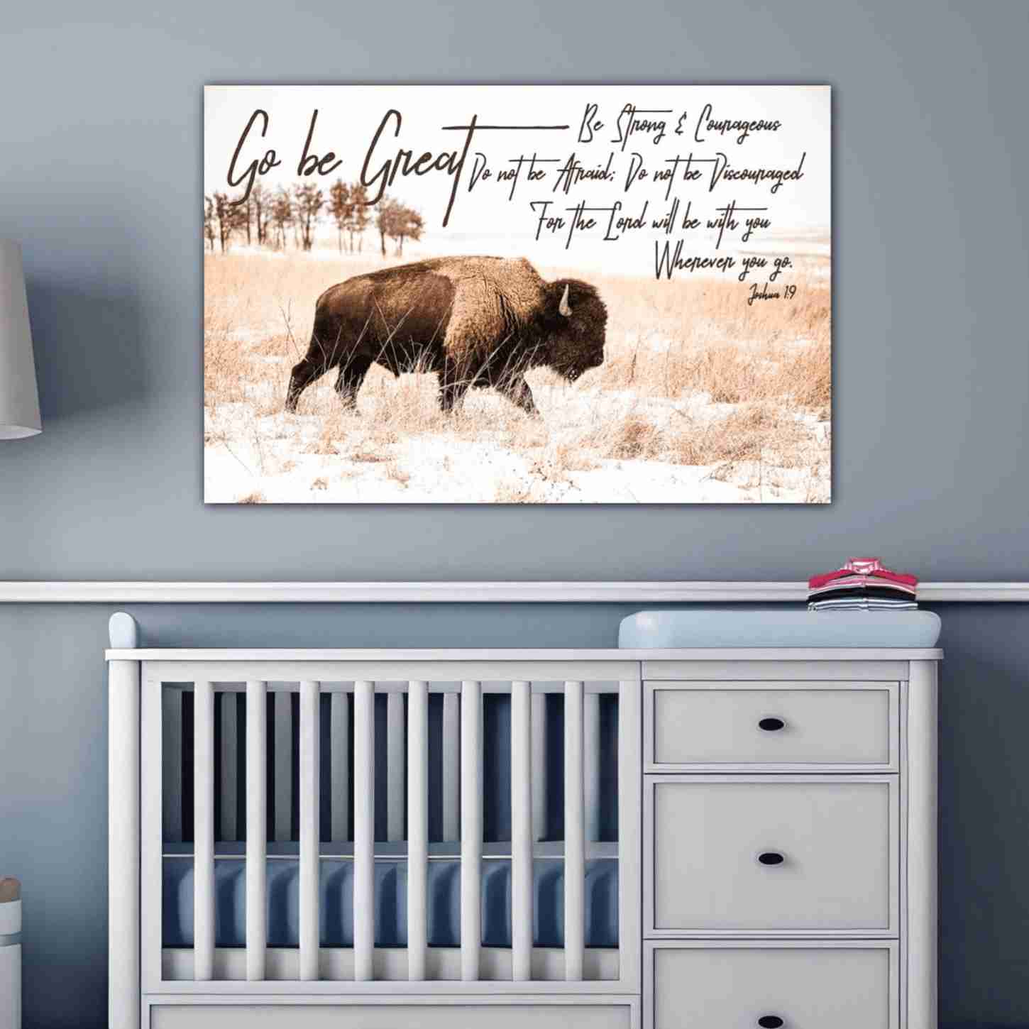 Go Be Great Bison Nursery Wall Decor - Custom Bible Verse Canvas Print