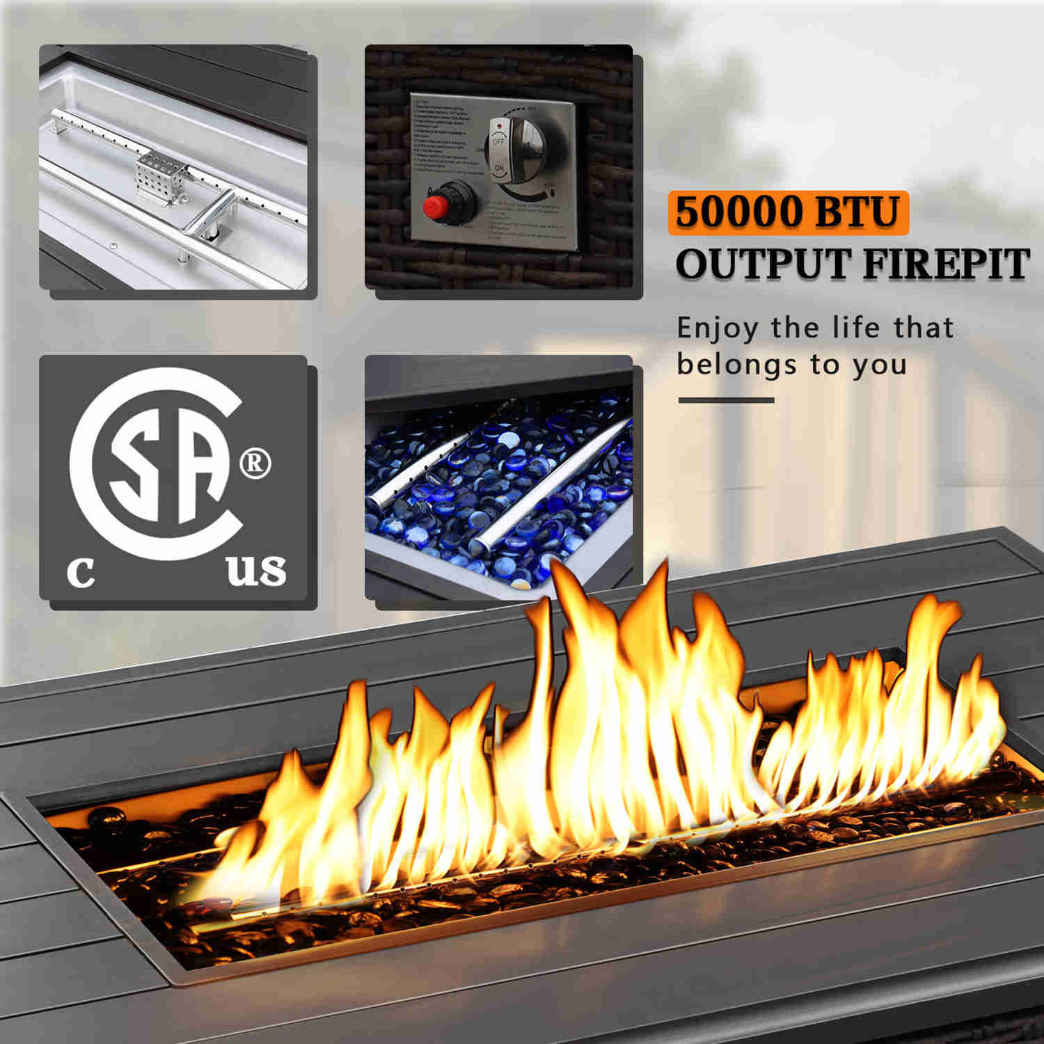 48 Propane Gas Fire Pit Table with Auto-Ignition, 50000 BTU, Aluminum Tabletop & Waterproof Cover