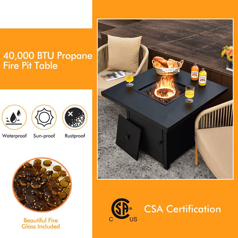 32 Propane Fire Pit Table 40000 BTU Square Gas Firepit Table with Lid and Fire Glass