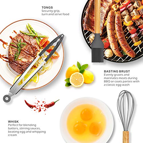 14 Pcs Silicone Cooking Utensils Set with Wooden Handles - Heat Resistant & BPA Free