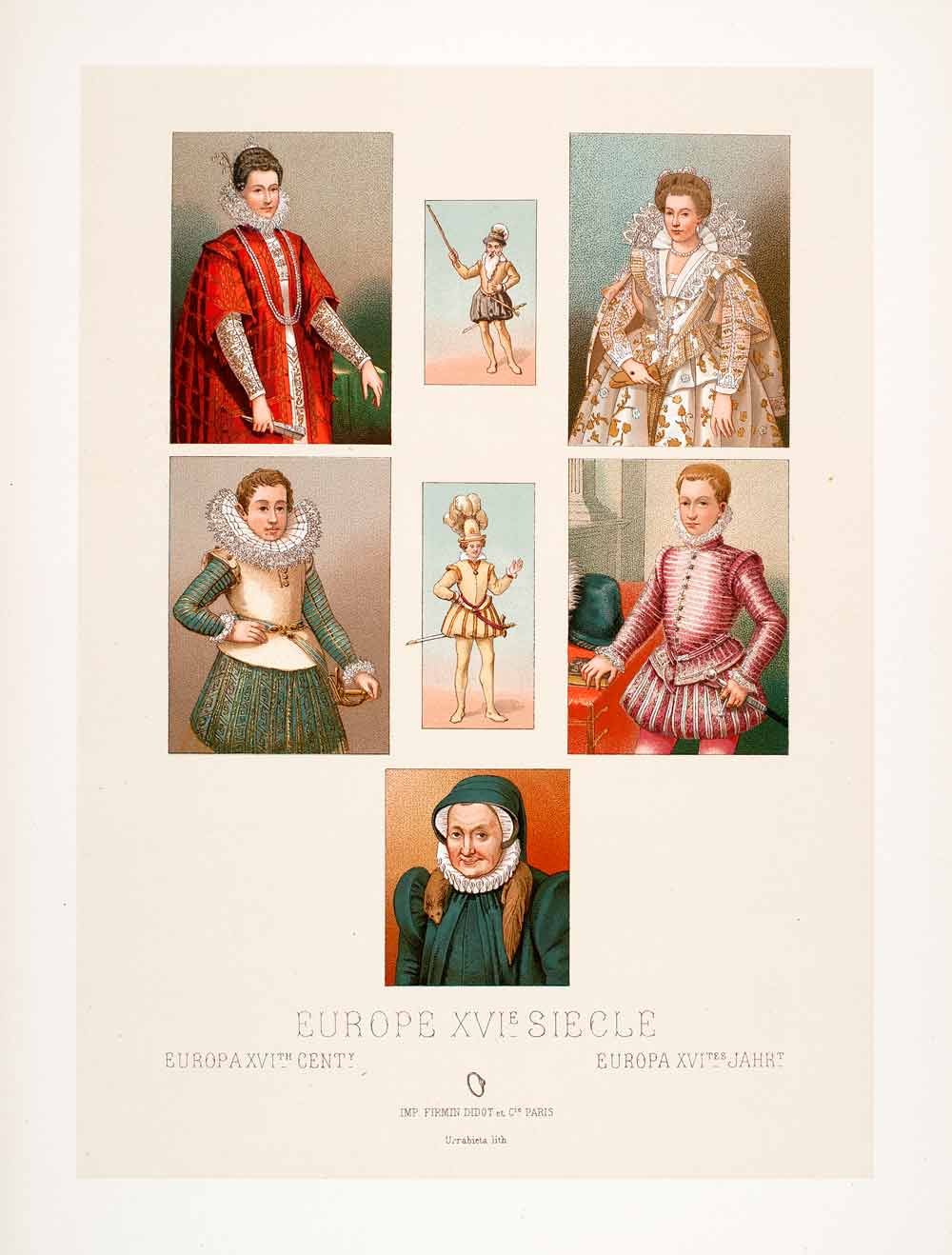 1888 Chromolithograph Portrait of 16th Century European Clothing and Figures