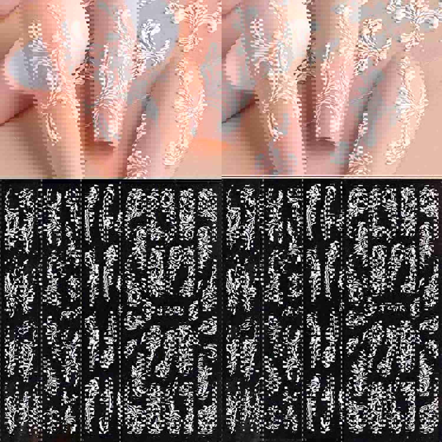 4 Sheets 5D Flower Nail Art Stickers - Self-Adhesive White Lace Floral Nail Decals for DIY Manicure