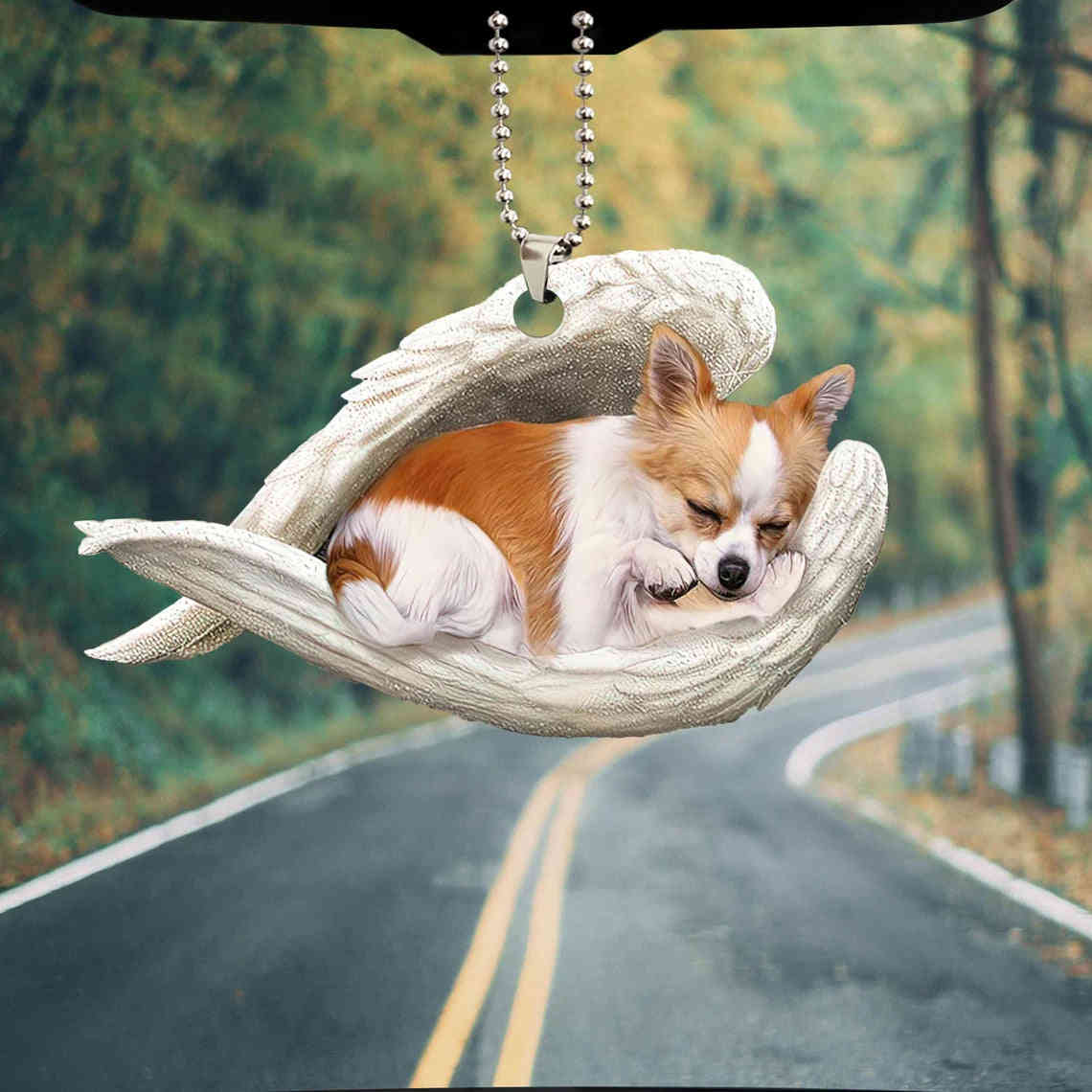 Longhair Chihuahua Sleeping Angel Wing - Memorial Dog Lover Rear View Mirror Car Accessory