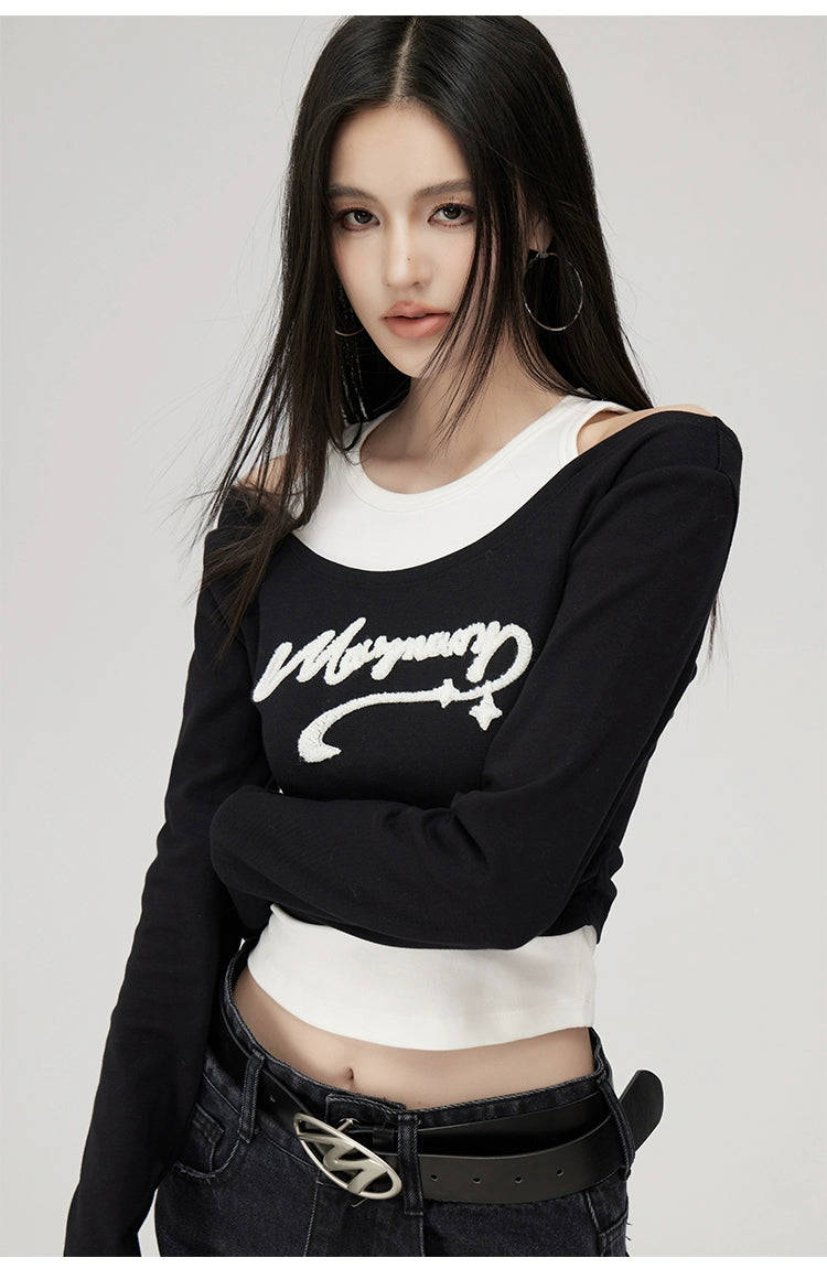 Black 2-in-1 Embroidered Patchwork Blouse