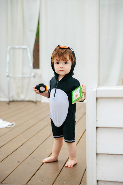 Baby Penguin Black Hoodie Baby 3/4 Sleeve Swimsuit