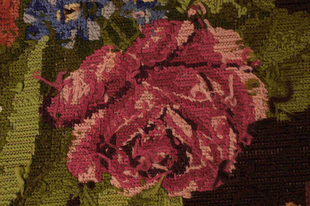 Antique Needlepoint Tablecloth with Rose Flower Pattern and Fringe (46")