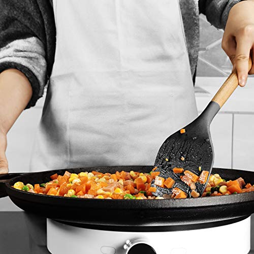 14 Pcs Silicone Cooking Utensils Set with Wooden Handles - Heat Resistant & BPA Free