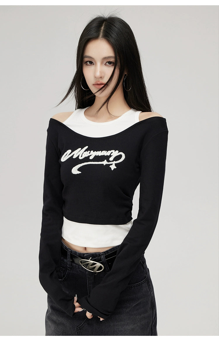 Black 2-in-1 Embroidered Patchwork Blouse