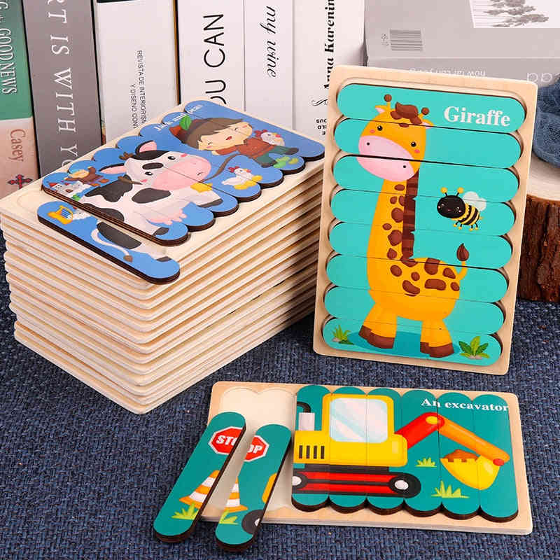 Double Sided Strip 3D Wooden Puzzles - Montessori Educational Toys for Babies and Kids