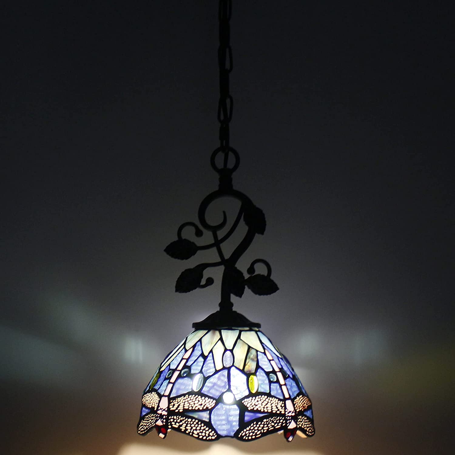 Werfactory® Tiffany Pendant Light - Navy Blue Stained Glass Dragonfly Hanging Lamp
