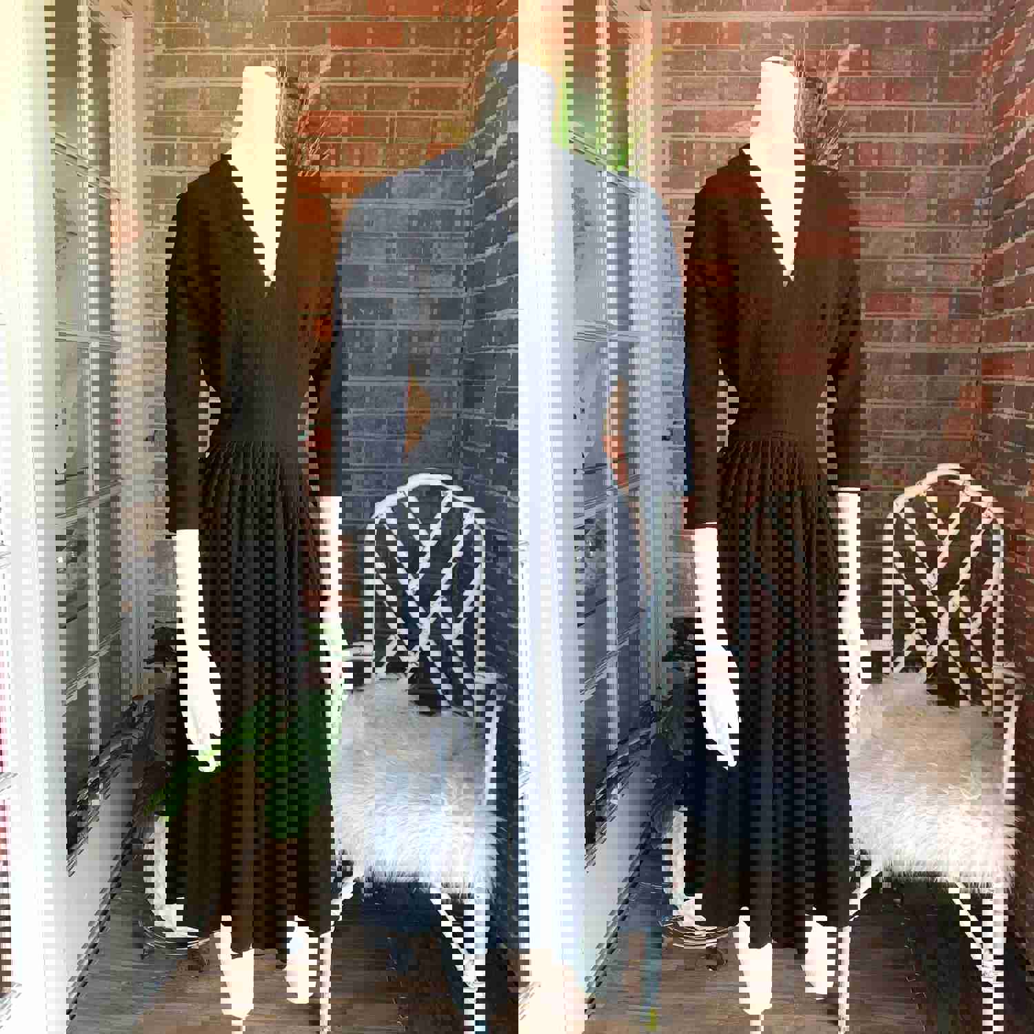 Vintage 1950s Black V-Neck Wool Dress by DeTrano