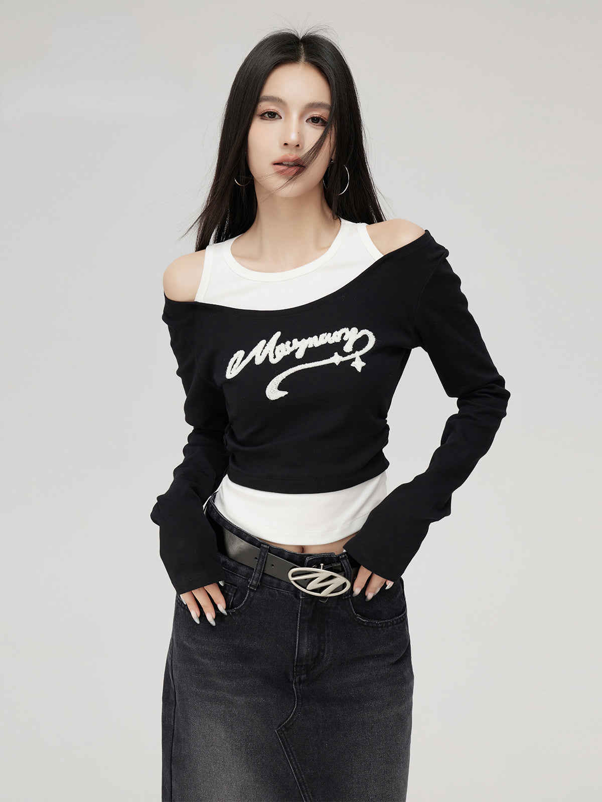 Black 2-in-1 Embroidered Patchwork Blouse