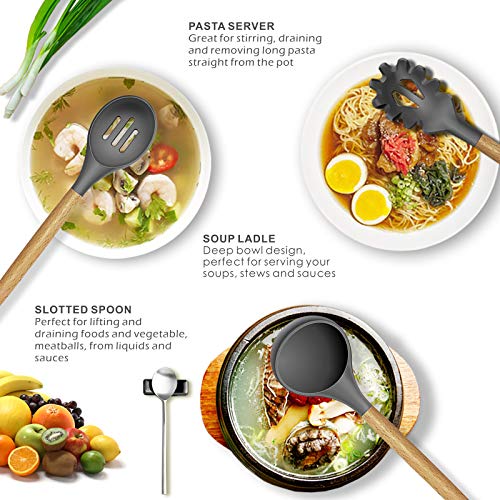14 Pcs Silicone Cooking Utensils Set with Wooden Handles - Heat Resistant & BPA Free