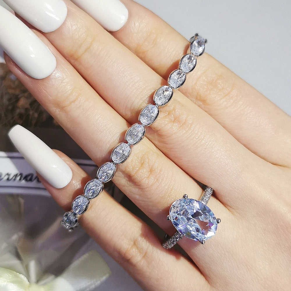 2023 New Luxury Oval Silver Color Bride Dubai Jewelry Set Ring Bracelet For Women Wedding Christmas Party Gift