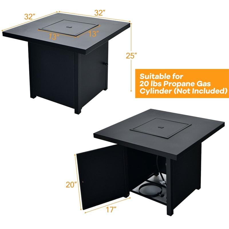 32 Propane Fire Pit Table 40000 BTU Square Gas Firepit Table with Lid and Fire Glass