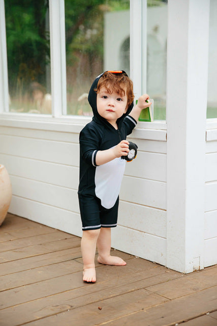 Baby Penguin Black Hoodie Baby 3/4 Sleeve Swimsuit