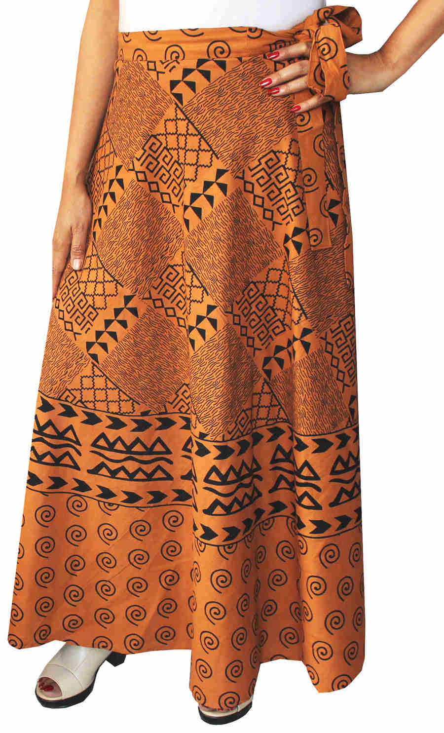 Long Indian Cotton Wrap Skirt for Women - Hand Block Printed (Amber)