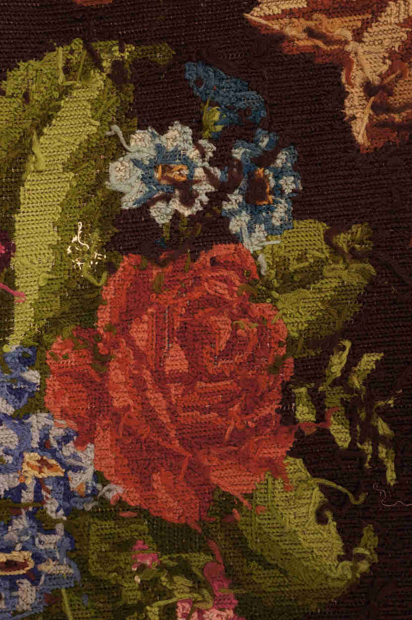 Antique Needlepoint Tablecloth with Rose Flower Pattern and Fringe (46")