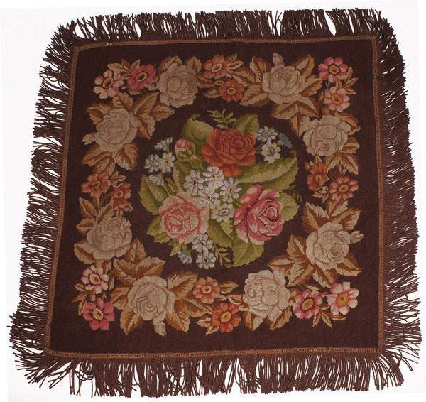 Antique Needlepoint Tablecloth with Rose Flower Pattern and Fringe (46")