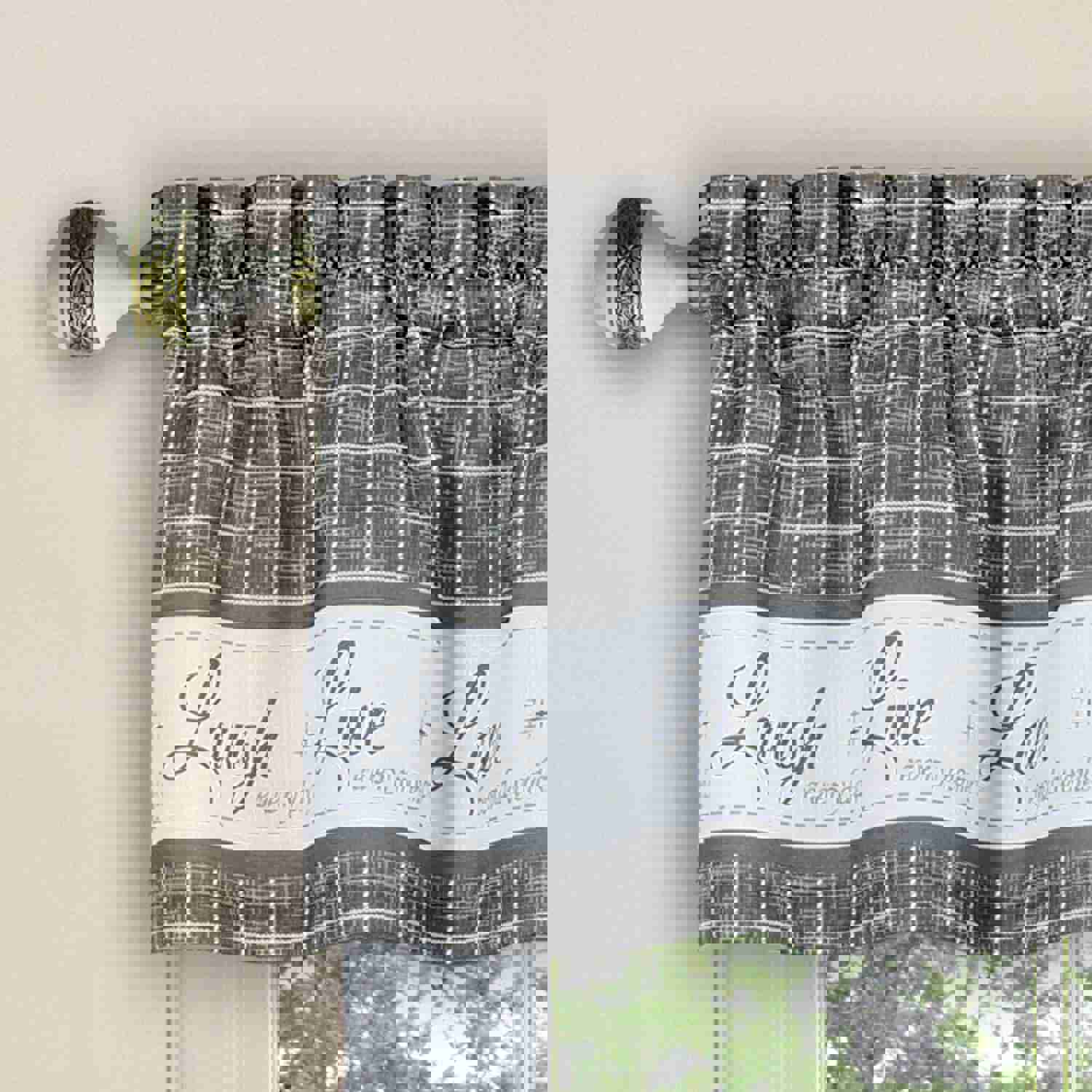 Live Laugh Love 3-Piece Kitchen Curtain Set, Gray, Tiers 58x36, Swag 58x14 Inches