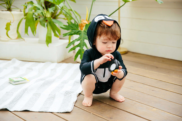 Baby Penguin Black Hoodie Baby 3/4 Sleeve Swimsuit
