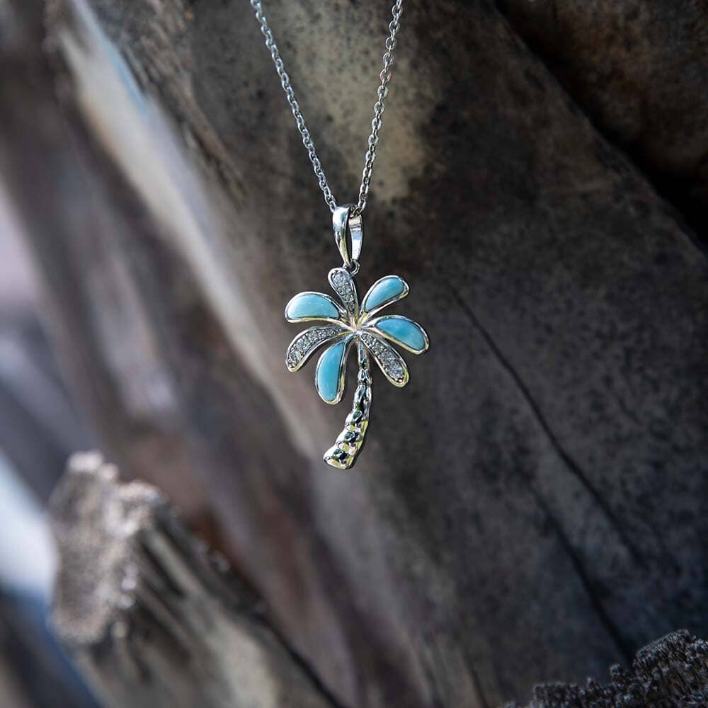 Larimar Island Palm Tree Pendant - 925 Sterling Silver with Larimar & Topaz