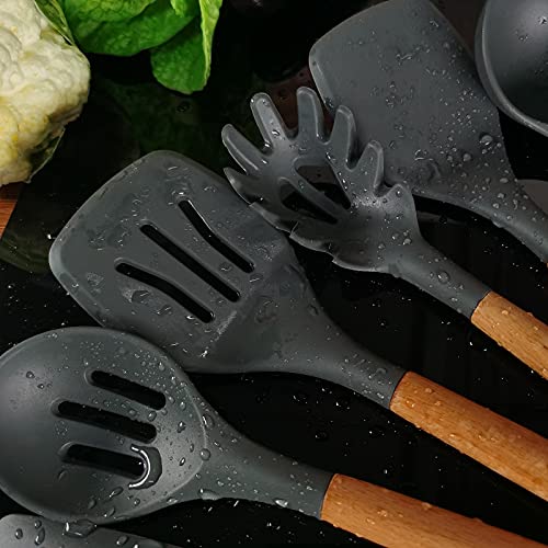 14 Pcs Silicone Cooking Utensils Set with Wooden Handles - Heat Resistant & BPA Free
