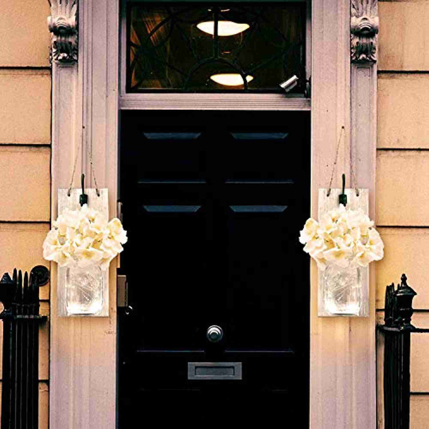 TEEHOME Rustic Hanging Mason Jar Sconces with LED Fairy Lights, Vintage Wrought Iron Hooks, Silk Hydrangea Flower LED Strip Lights - Set of 2