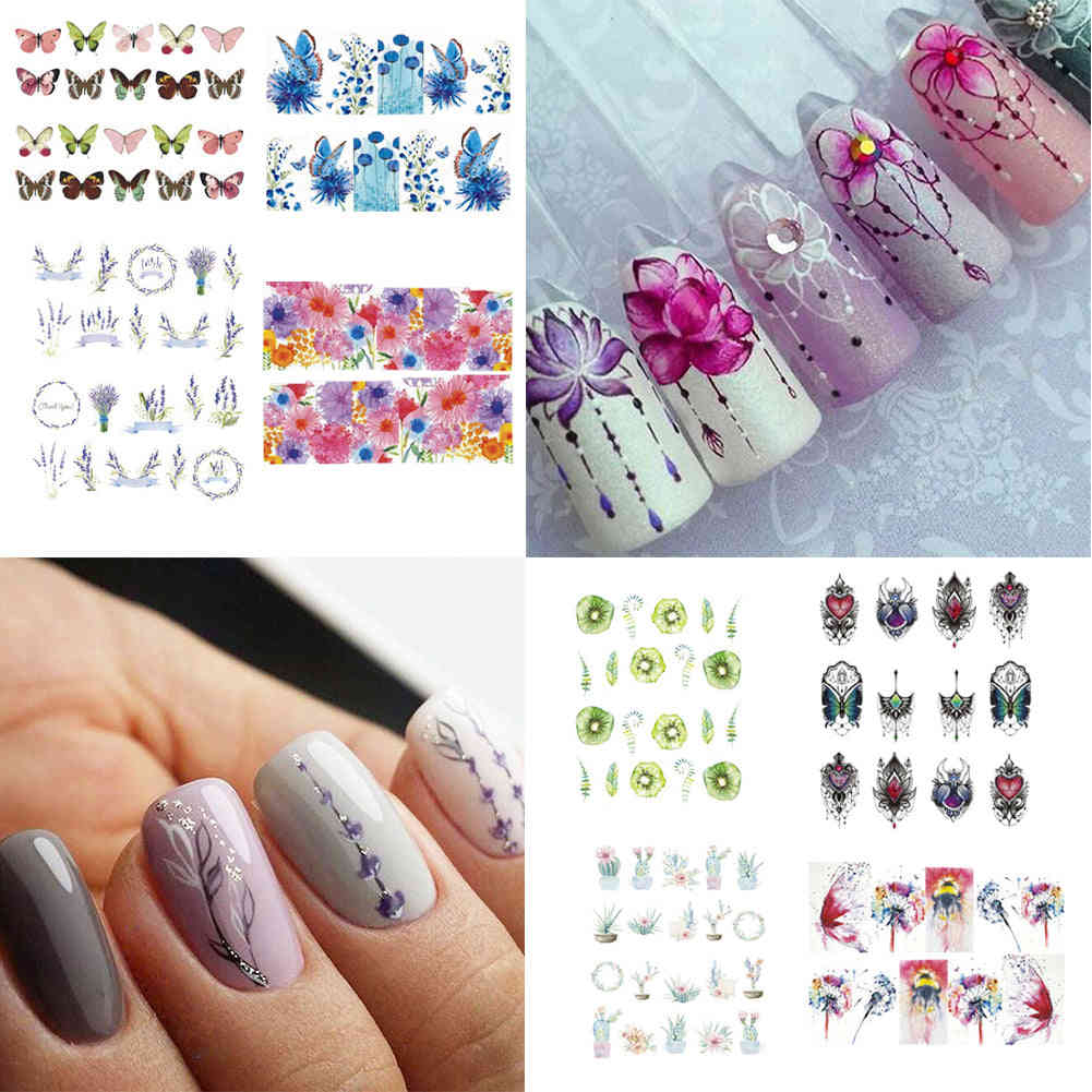 Mixed Flowers Butterfly Design Water Decals Transfer Nail Stickers