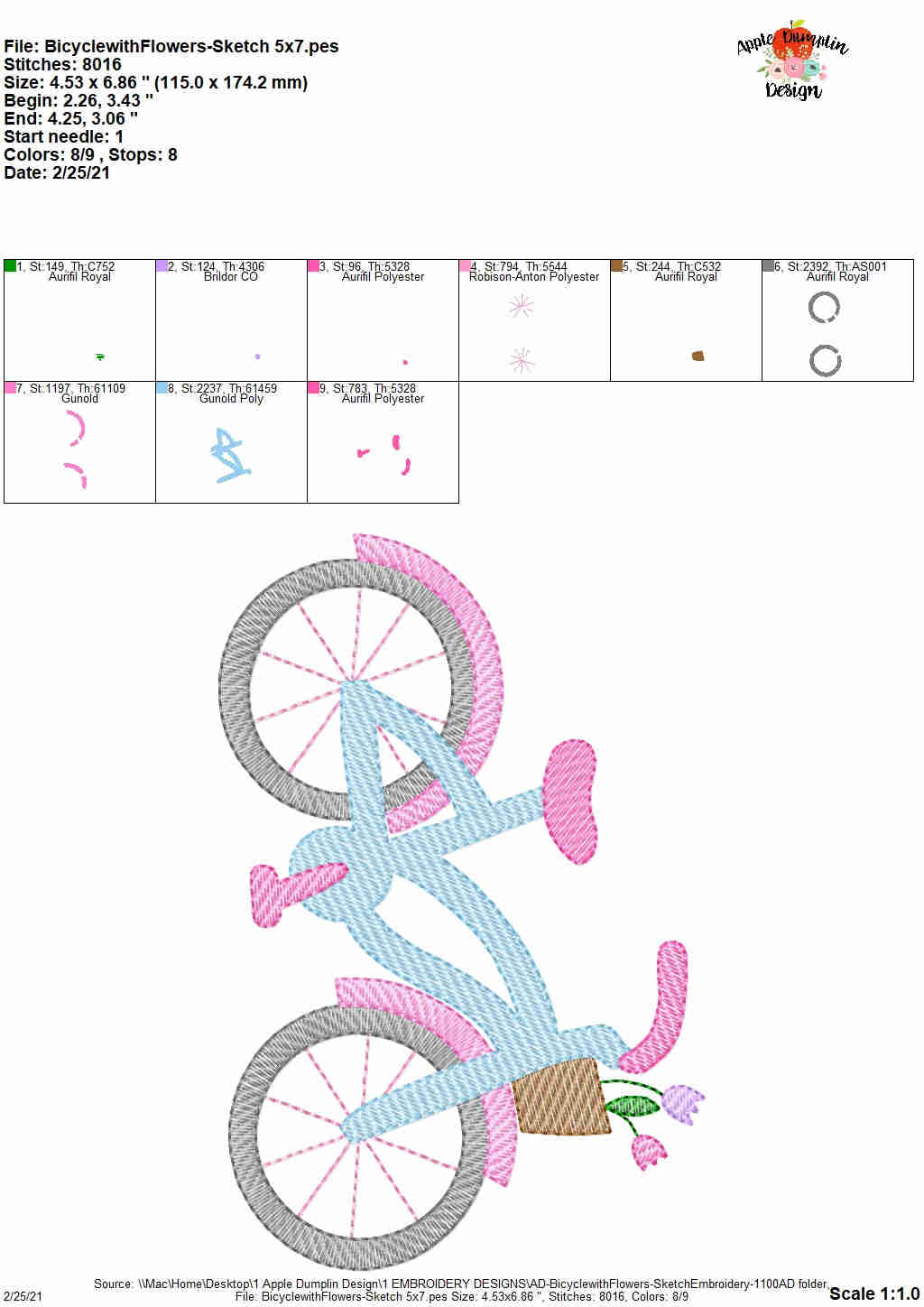 Bicycle with Flowers Sketch Embroidery Design